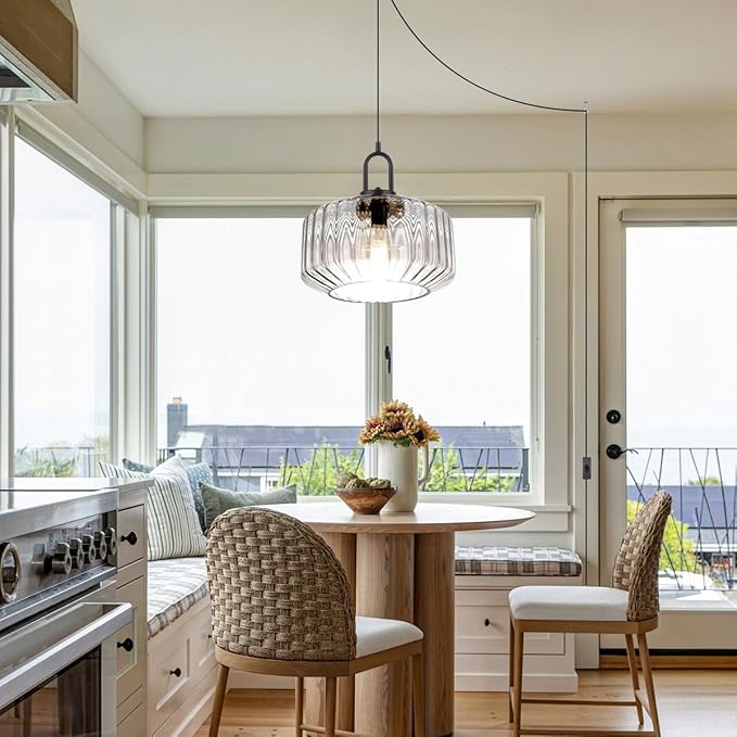Plug in Hanging Pendant Light Bedroom Plug in Pendant Lamp Globe Hanging Lights with Plug in Cord Kitchen Mid Century Modern Ceiling Light fixtures Clear Striped Glass Swag Lights