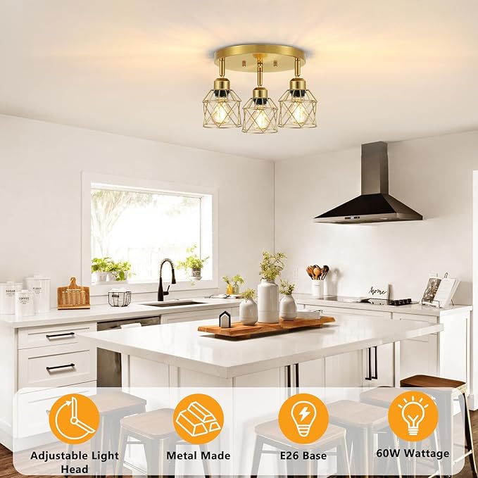 Baocuz 3-Light Brushed Gold Kitchen Light Fixtures, Modern Close to Ceiling Light with Metal Cage, Multi-Directional Gold Ceiling Lights for Farmhouse, Hallway, Dining Room, Entryway