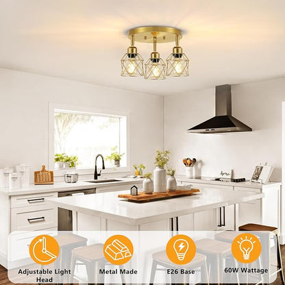 Baocuz 3-Light Brushed Gold Kitchen Light Fixtures, Modern Close to Ceiling Light with Metal Cage, Multi-Directional Gold Ceiling Lights for Farmhouse, Hallway, Dining Room, Entryway