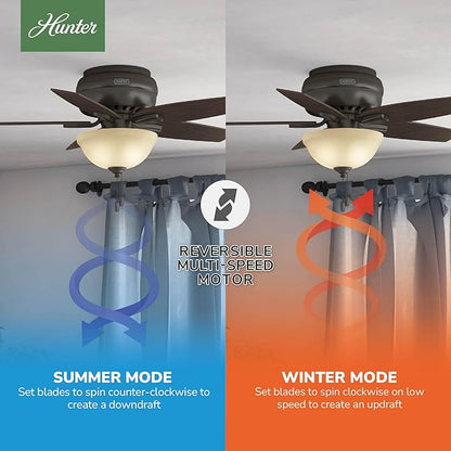 Hunter 42 inch Indoor Ceiling Fan with LED Light - Bronze Ceiling Fan with Pull Chain, For Bedroom or Living Room, Low Profile Flush Mount, No Remote, 5 Blades - Newsome 51081, Premier Bronze
