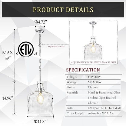 CATINER Extra Large 16" Vintage Farmhouse Pendant Light – Hand-Blown Clear Hammered Glass Shade, Adjustable Chain Hanging Light for Kitchen Island, Hallway, Dining Room, Chrome