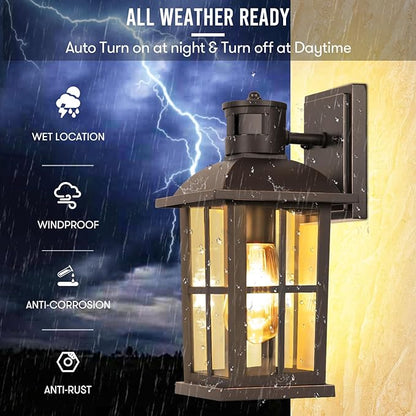 13in Motion Sensor Porch Light, Anti-Rust 100% Aluminum Dusk to Dawn Outdoor Light Fixtures, Exterior Wall Lantern Sconce Lighting Brown, Outside Lights for House Wall Mount for Entryway Garage
