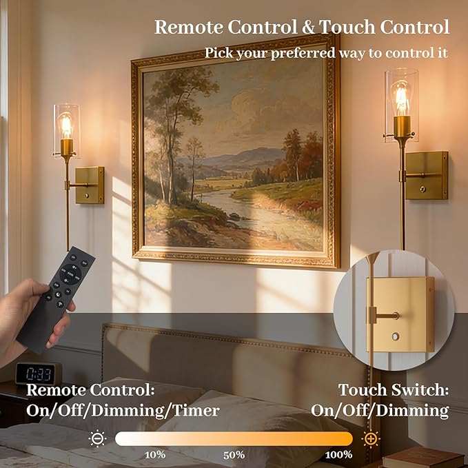Dimmable 3 Colors Gold Battery Operated Wall Sconce Set of Two, Rechargeable Wireless Remote Control Wall Lamp Not Hardwired, Cordless Brass Wall Light for Living Room Bedroom Bathroom