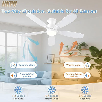 NKPU 52inch Ceiling Fans with Lights, Low Profile White Ceiling Fan with Light and Remote/APP Control, DC Reversible Motor, Noiseless, Flush Mount Ceiling Fan for Bedroom Living Room Patios