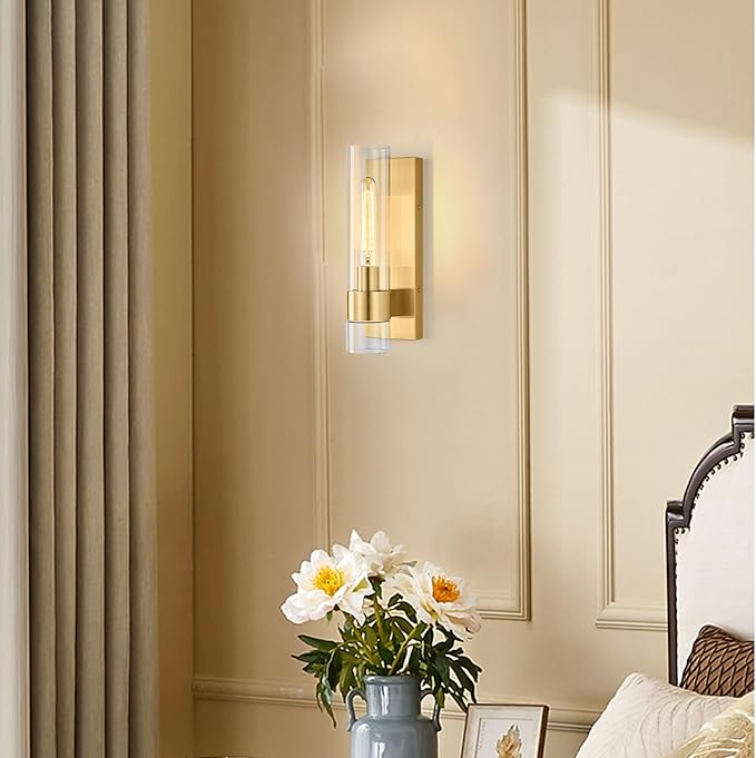 Gold Wall Sconces Set of 2, Modern Bathroom Sconces Wall Lighting Vanity Light Fixtures with Clear Glass, Bathroom Sconces Set of 2, Indoor Wall Sconce for Bathroom Living Room Bedroom