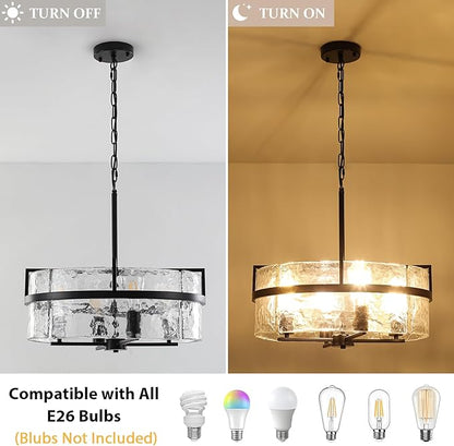 Black Drum Chandelier,19.7" Modern Water Ripple Glass Chandeliers Over Table 4-Light Large Round Hanging Pendant Light Fixtures for Dining Room Living Room Foyer Bedroom Kitchen Island,E26