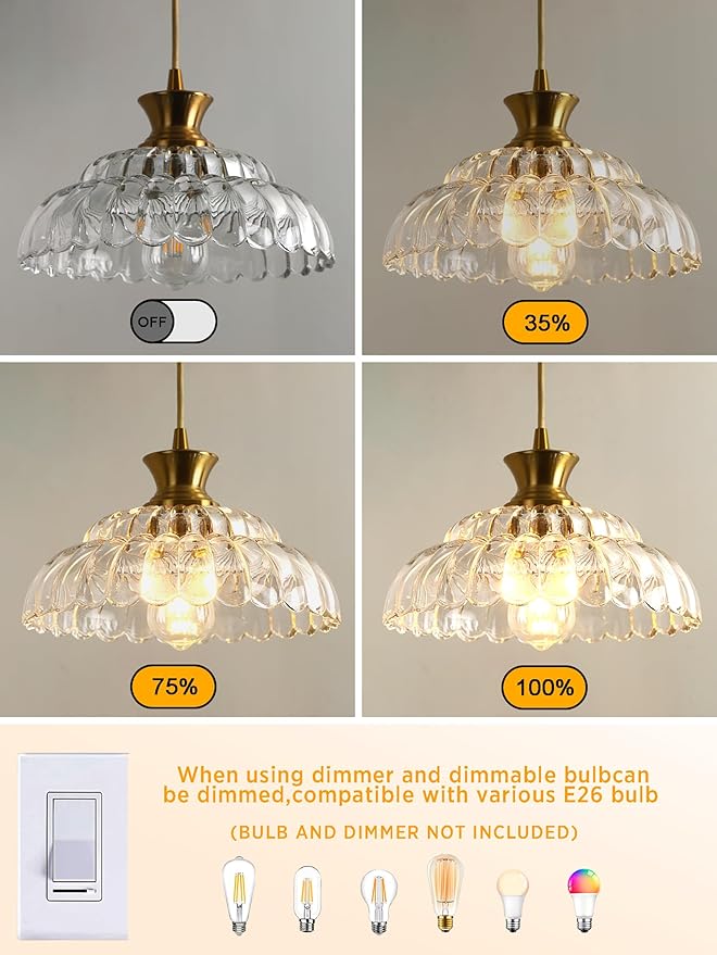 Glass Pendant Lights Kitchen Island, 11.8" Vintage Lighting Glass Light Fixtures Brushed Gold Modern Glass Chandelier Hanging Ceiling for Dining Living Room Restaurant Bedroom Foyer Entryway