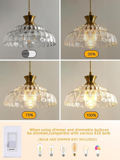 Glass Pendant Lights Kitchen Island, 11.8" Vintage Lighting Glass Light Fixtures Brushed Gold Modern Glass Chandelier Hanging Ceiling for Dining Living Room Restaurant Bedroom Foyer Entryway