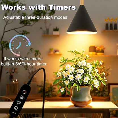 Hanging Grow Lights for Indoor Plants, 20W Full Spectrum Plant Lamp with Timer, Adjustable Height, Wall-Mounted 3000K Growlight with 14.5 ft Power Cord, for Greenhouse, Garden, Large Plants (Black)