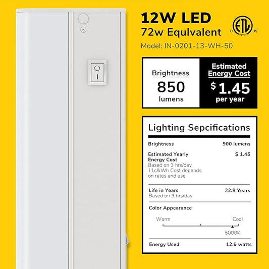 Inlight 24-inch Hardwired Only LED Under Cabinet Lighting, Daylight White(5000k), Dimmable, Matte White Finished, ETL Listed, IN-0201-13-WH-50