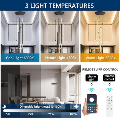 6-Rings Modern Chandelier, LED Black Large Contemporary Light for Staircase, Dimmable Flush Mount High Ceiling Chandeliers with Remote Control for Villa Foyer