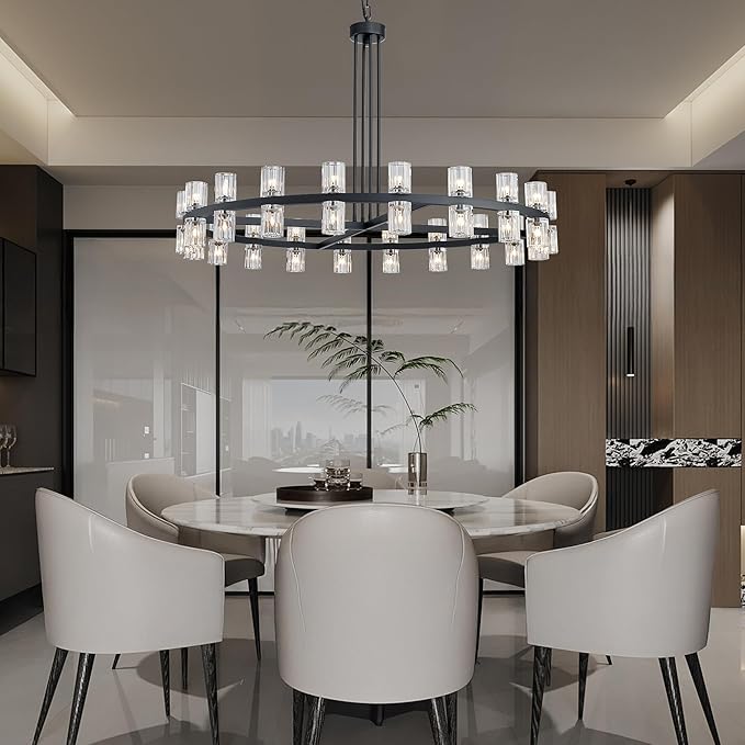 48" Black Wagon Wheel Crystal Chandelier, Modern Round Chandelier for Dining Room Table, K9 Crystal Ceiling Chandelier for Living Room Entryway Foyer, Includes 40× G4 Bulbs