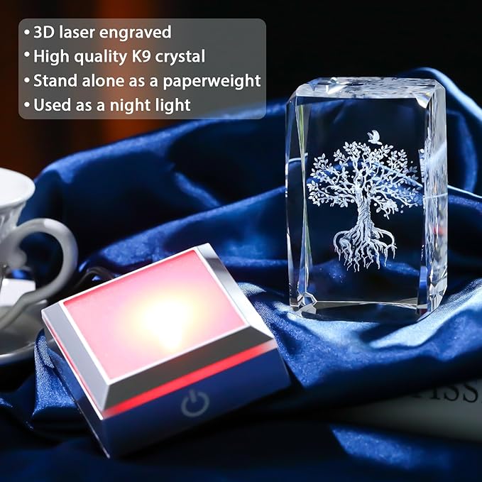 Tree of Life Crystal Cube - 3D Laser Engraved Color Changing LED Light Base | Premium Home Desk Decor, Spiritual Gifts for Women Men, Night Light & Paperweight