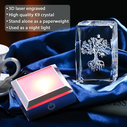 Tree of Life Crystal Cube - 3D Laser Engraved Color Changing LED Light Base | Premium Home Desk Decor, Spiritual Gifts for Women Men, Night Light & Paperweight