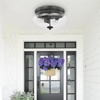 Darkaway Large Ceiling Light Fixtures 3-Ight Flush Mount Indoor Outdoor Ceiling Light with Seeded Glass Shade for Hallway Kitchen Bedroom Porch Living Room Dining Room Black Finish