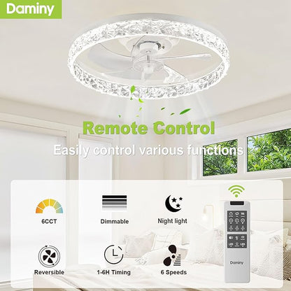 DAMINY Ceiling Fans with Lights and Remote, 6CCT,Dimmable Low Profile Ceiling Fan with Light, Flush Mount Bladeless Ceiling Fan,6 Speeds,20 inch Black Modern