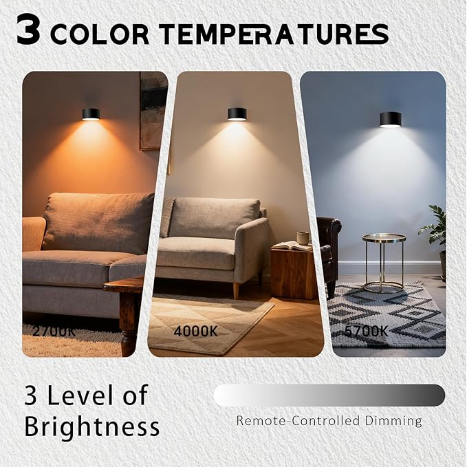 Rechargeable Wall Sconce with Remote & Touch, 360° Rotatable Battery Operated Wall Lights, 3-Color Dimmable, No Drill Adhesive, Ultra Long Battery for Bedroom Reading（Black-2PC）