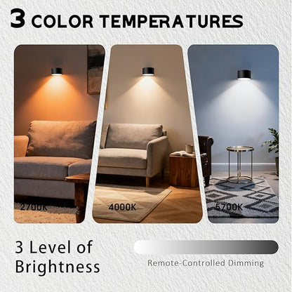 Rechargeable Wall Sconce with Remote & Touch, 360° Rotatable Battery Operated Wall Lights, 3-Color Dimmable, No Drill Adhesive, Ultra Long Battery for Bedroom Reading（White-2PC）