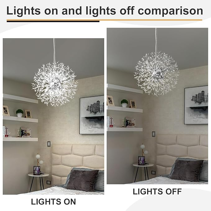 Modern Dandelion Firework Chandelier, Chrome Dining Room Chandelier, Crystal Hanging Pendant Lighting Fixture for Living Room, Bathroom, Bedroom, Restaurant, 16-Light