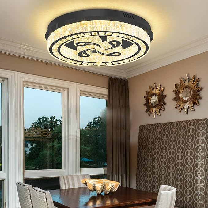 24'' Black Modern Crystal Chandelier LED Dimmable Flush Mount Crystal Ceiling Light for Living Room Bedroom Dining Room