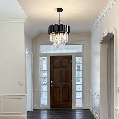 15.8" Black Crystal Chandelier, 5-Light Modern Chandelier, 3-Tier Round Pendant Light Fixture for Dining Room, Kitchen Island, Bedroom, Living Room, Foyer, Entryway, Small Crystal Chandeliers