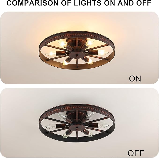 Farmhouse Round Semi Flush Mount Ceiling Light Red Rust Finish Dining Room Lighting Fixture Vintage Metal Ceiling Chandelier for Kitchen Bedroom 6 Light E12 φ18 Inches (6 Light)
