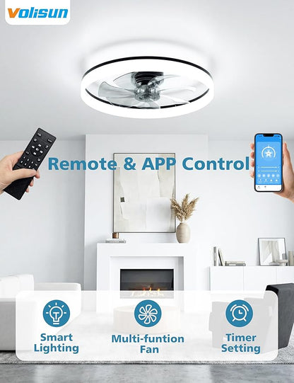 VOLISUN Low Profile Ceiling Fans with Lights and Remote, 24in Fandelier Ceiling Fan with Light, 3000K-6500K Dimmable Bladeless LED Fan Light, Black Flush Mount Ceiling Fans with Lights for Bedroom