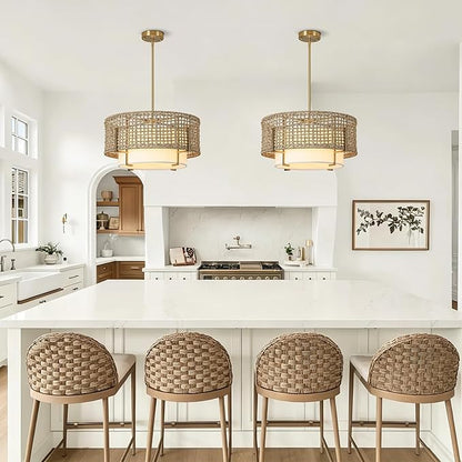 19.7" Rattan Chandelier for Dining Room, 4-Light Boho Hand Woven Pendant Light with Fabric Shade, Rustic Hanging Ceiling Light Fixture for Living Room, Kitchen Island, Bedroom, Hallway, Foyer