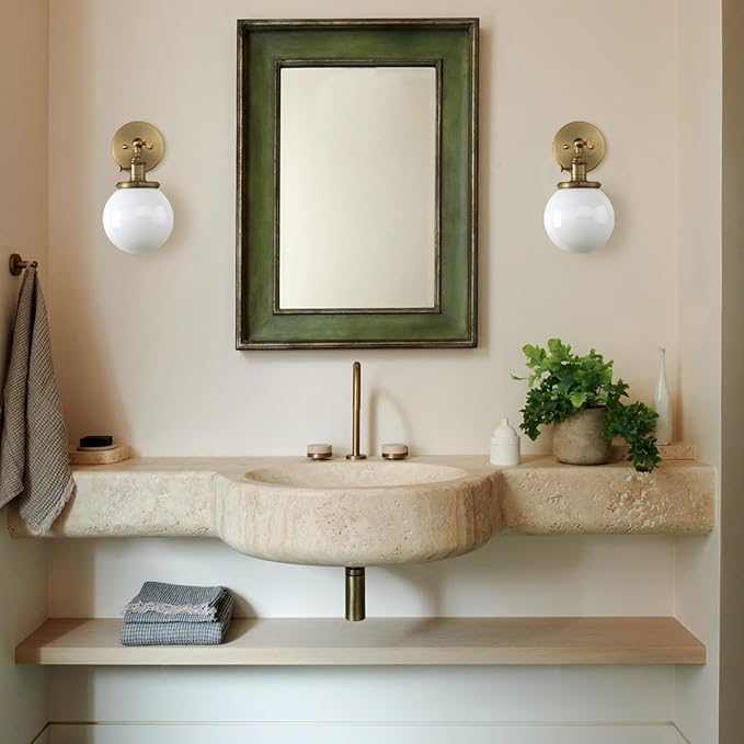 Pathson Hardwired Wall Sconce with White Globe, Brass Bathroom Vanity Light with On Off Switch, Vintage Wall Light Fixtures for Living Room Loft Hallway