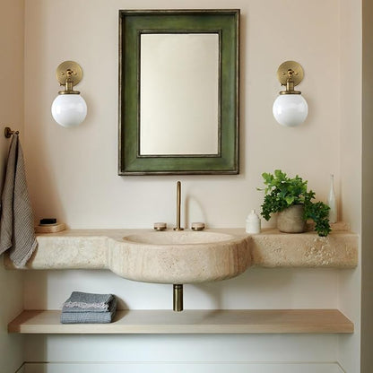 Pathson Hardwired Wall Sconce with White Globe, Brass Bathroom Vanity Light with On Off Switch, Vintage Wall Light Fixtures for Living Room Loft Hallway