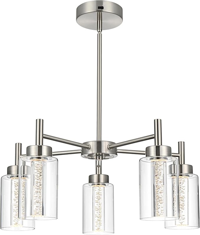 LED 5 Light Modern Chandeliers for Dining Room,Brushed Nickel Finish Hanging Lighting Fixture with Crystal Bubble Clear Glass Shade Kitchen Island for Hanging