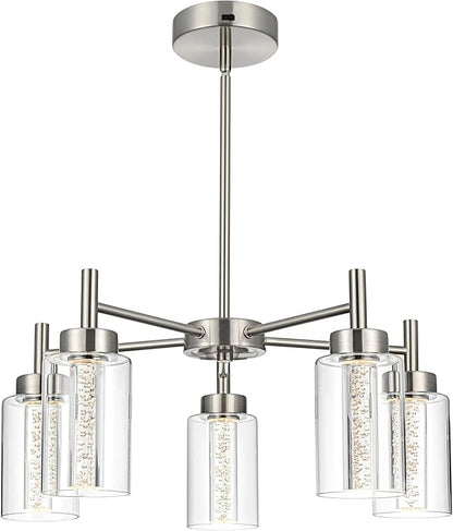 LED 5 Light Modern Chandeliers for Dining Room,Brushed Nickel Finish Hanging Lighting Fixture with Crystal Bubble Clear Glass Shade Kitchen Island for Hanging