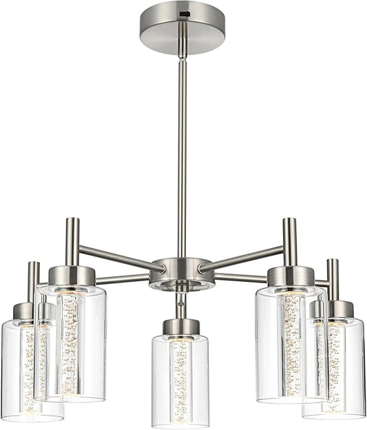 LED 5 Light Modern Chandeliers for Dining Room,Brushed Nickel Finish Hanging Lighting Fixture with Crystal Bubble Clear Glass Shade Kitchen Island for Hanging