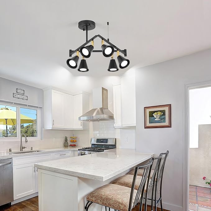 6-Light Modern Track Lighting Fixtures Ceiling, Flexible Foldable Arm and Rotatable Light Head,Black Kitchen Track Lighting for Kitchen Islands, Dining Rooms, Bars, Closets, Workbenches.