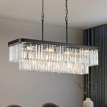 Modern Rectangular Crystal Chandeliers for Dining Room 11 Lights L33.5” Black Rectangle Chandelier Luxury K9 Crystal Ceiling Pendant Light Fixture for Kitchen Island Bar
