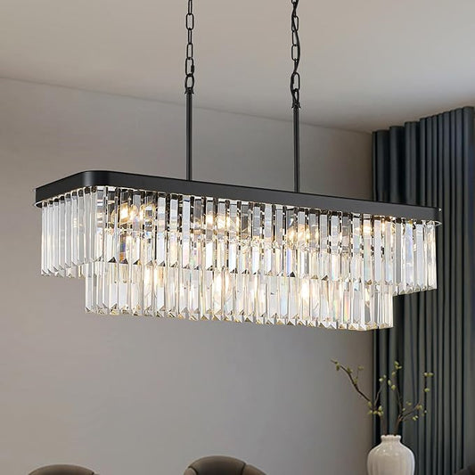 Modern Rectangular Crystal Chandeliers for Dining Room 11 Lights L33.5” Black Rectangle Chandelier Luxury K9 Crystal Ceiling Pendant Light Fixture for Kitchen Island Bar