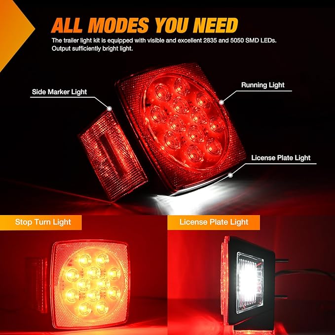 Nilight LED Trailer Light Kit 2 PCS Square Stop Turn Tail Side Marker Lights Steel Mounting Box License Plate Bracket Submersible IP68 For 12V Utility Boat Camper RV Truck