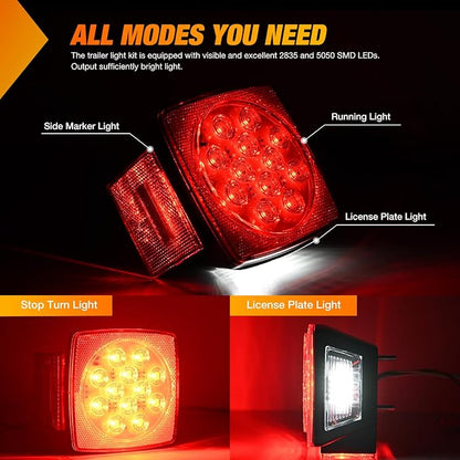 Nilight LED Trailer Light Kit 2 PCS Square Stop Turn Tail Side Marker Lights Steel Mounting Box License Plate Bracket Submersible IP68 For 12V Utility Boat Camper RV Truck