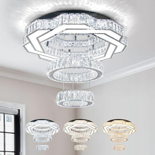 22.5" Modern Crystal Chandeliers Living Room Modern Crystal Ceiling Light 3 Color Change Pendant Light Flush Mount Chandelier for Bedrooms Dining Room Entryway Changeable