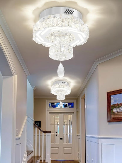 Flashing God 12" Modern Crystal Chandeliers Silver Flush Mount Ceiling Chandelier Mini Chandelier for Hallway LED Dimmable Crystal Pendant Light for Dining Room Living Room Bedroom