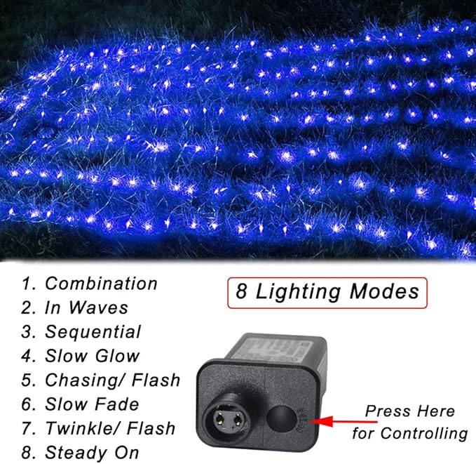 Pooqla Net Lights, 300LED Christmas Outdoor Mesh Light, 14.8x4.9 ft Fairy String Light with 8 Modes Green Wire, Connectable Waterproof for Bushes Tree Garden Christmas Decor, Blue