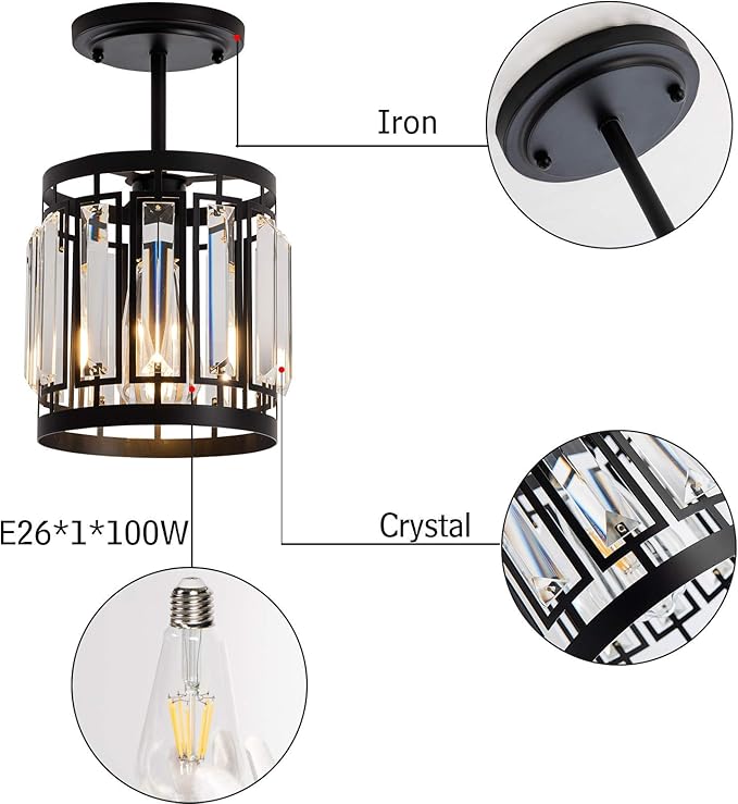 Modern One- Light 1XE26 Pendant Light Ceiling Hanging Light Fixture with K9 Crystals for Kitchen Restaurant Cafe Dining Room Island Light Black
