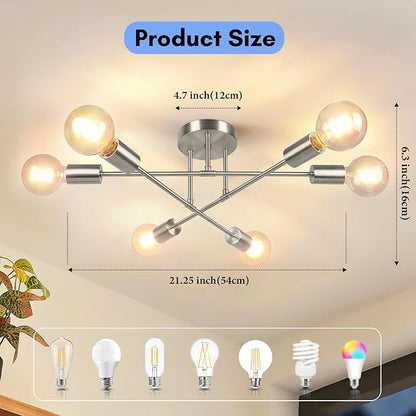 Modern Sputnik Chandelier, 6-Light Ceiling Light Fixture, Bedroom Light Fixture, Sputnik Lights Fixture for Living Room, Dining Room, Kitchen, Office, Foyer, Hallway (Brushed Nickel) - E26 Base