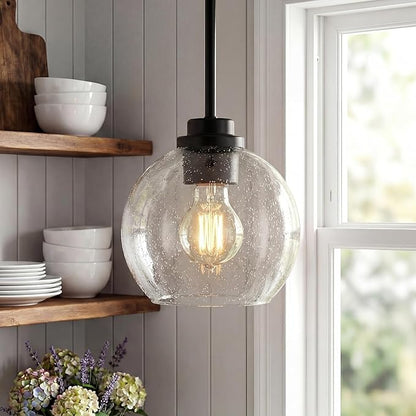 Pendant Lights Kitchen Island, 7" Modern Black Hanging Lights Fixtures with Clear Seeded Glass Globe Shade, Kitchen Island Lighting for Bathroom, AD-22280-1P-BK-S