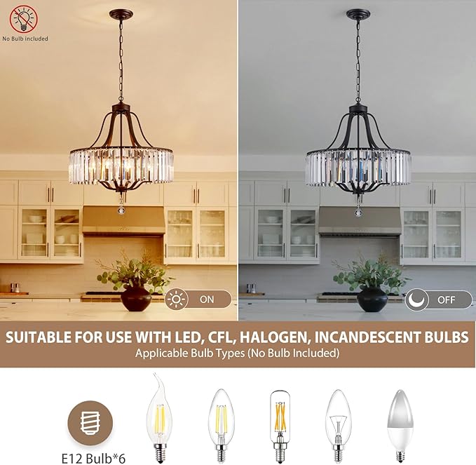 Modern Crystal Chandeliers Round 6-Light Large Black Pendant Lighting Fixture for Dining Room Living Room Kitchen Island Bedroom Hallway Hall Foyer 21.7" Adjustable Height Hanging Lamp