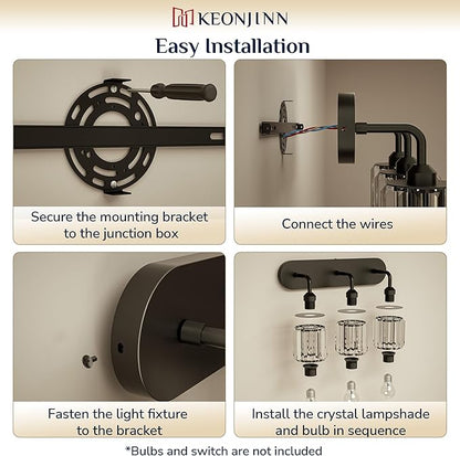 Keonjinn 2-Light Bathroom Light Fixtures, Crystal Black Bathroom Vanity Lights Over Mirror, Vanity Lighting Fixtures with Crystal Square Shades (E26 Base, Exclude Bulb)