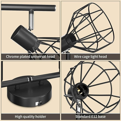 GORDNWE 4-Light Kitchen Track Lighting, Adjustable Metal Wire Cage Ceiling Light with E12 Base, Track Lighting Fixtures Black Farmhouse Ceiling Light Fixture Fits for Bedroom Living Room