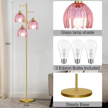ZECOXOL Gold Floor Lamps for Living Room Vintage Pink Floor Lamp with Glass Lmapshape & Three Led Bulb,Dimmable Mid Century Modern Standing Lamp Tall Tree Flower Floor Lamps for Bedroom,Office,Corner