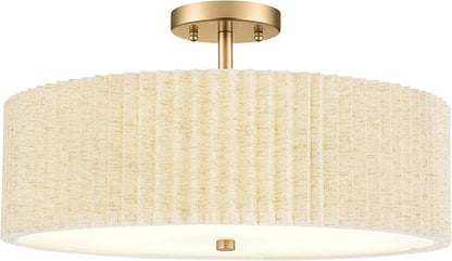 Semi Flush Mount Ceiling Lights, 4-Light 18" Gold Light Fixtures Ceiling Mount with Pleated Linen Fabric Shade, Drum Lighting Fixture for Nursery Hallway Bedroom Kitchen, AD-25036-4SF-GD-B