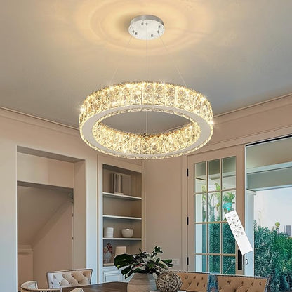 Modern Crystal Chandelier 15W LED Dimmable Lighting Fixture Adjustable Round Pendant Light for Dining Room Living Room Kitchen Bedroom Silver